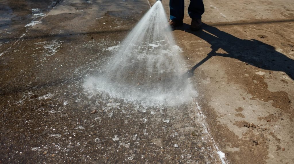 Pressure washer cleaning a driveway with strong water spray